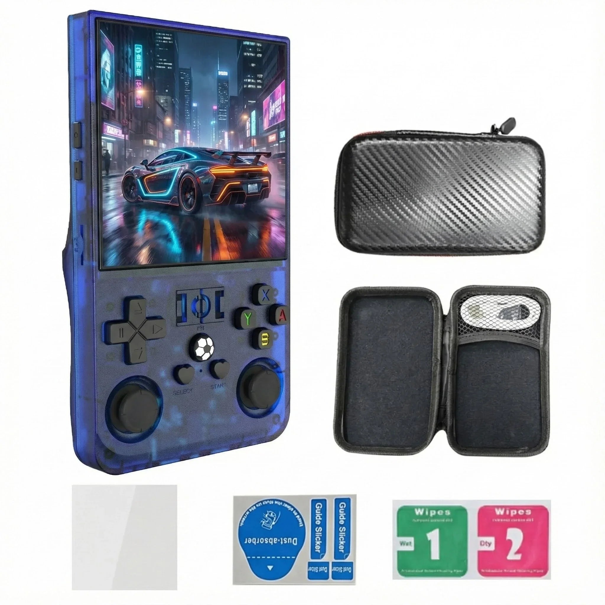 R36MAX Retro Handheld Konsole in Blau mit Gaming Display, Open Source Spielekonsole mit Tragetasche und Zubehör