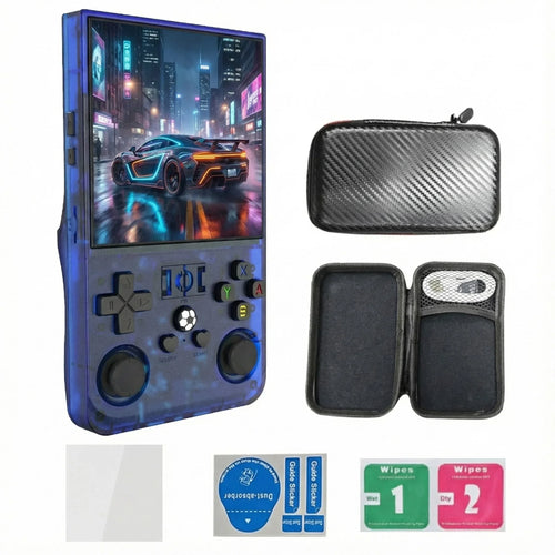 R36MAX Retro Handheld Konsole in Blau mit Gaming Display, Open Source Spielekonsole mit Tragetasche und Zubehör
