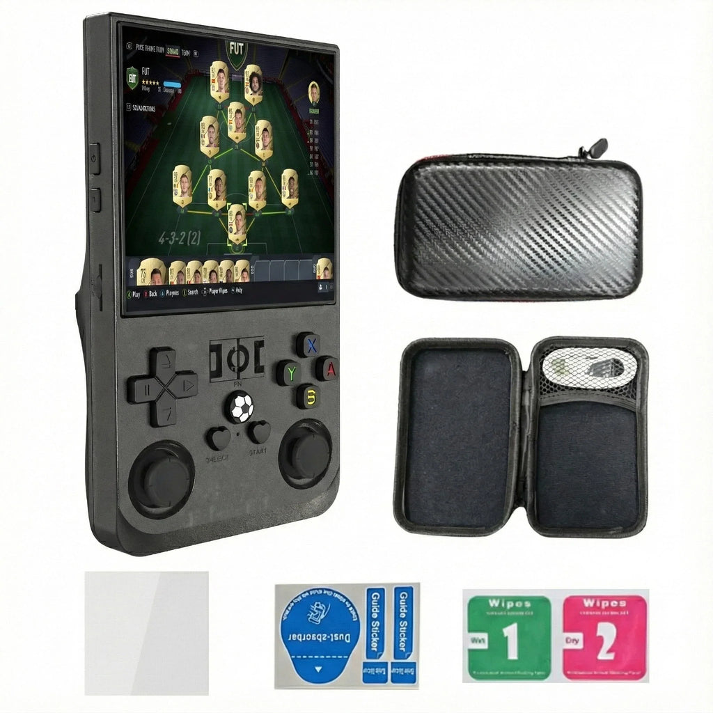 R36MAX Retro Handheld Konsole mit Tetris-Spiel auf dem Display, Open-Source Gaming Konsole in Schwarz mit Tragetasche