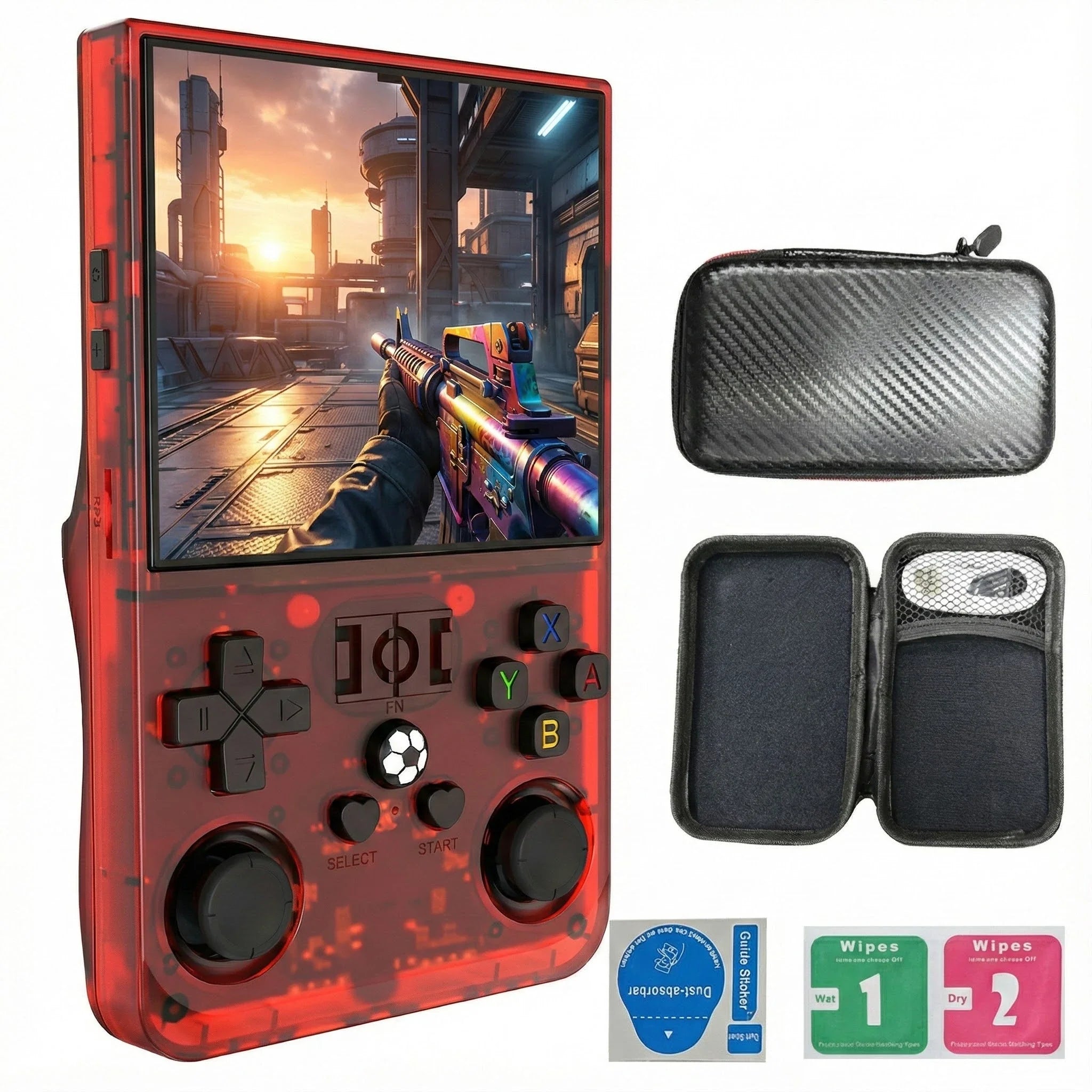 R36MAX Retro Handheld Konsole Rot Transparent mit FPS Gaming Display und Zubehör