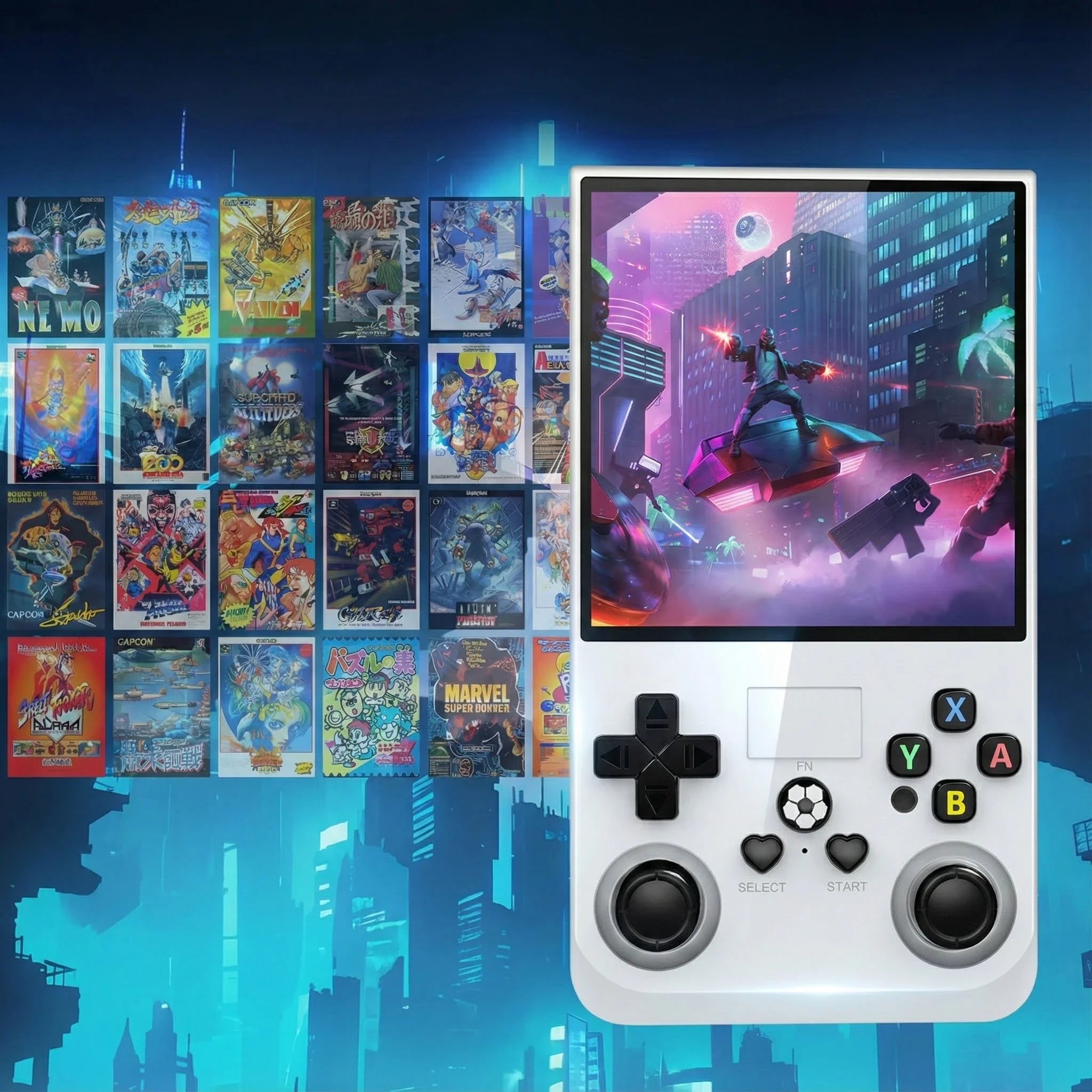 Quadratische Produktansicht der R36PRO Retro-Handheld-Spielekonsole mit großer Spielebibliothek und moderner Action-Spielszene