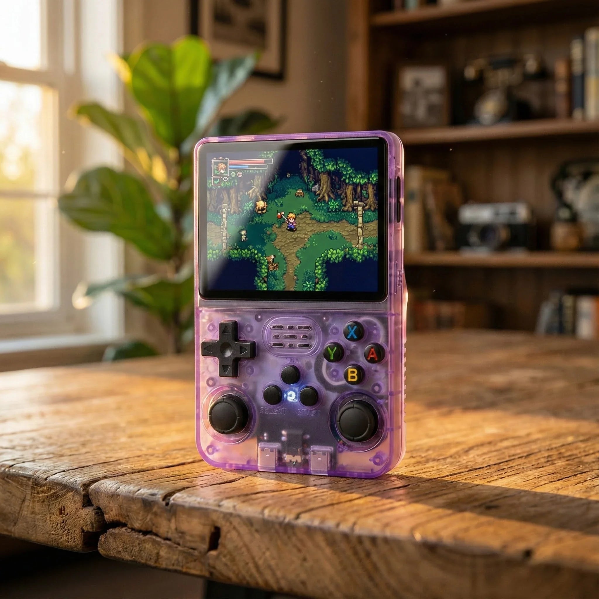 R36S Retro-Handheld-Spielekonsole im realistischen Lifestyle-Setting mit IPS-Display und transparenter lila Hülle