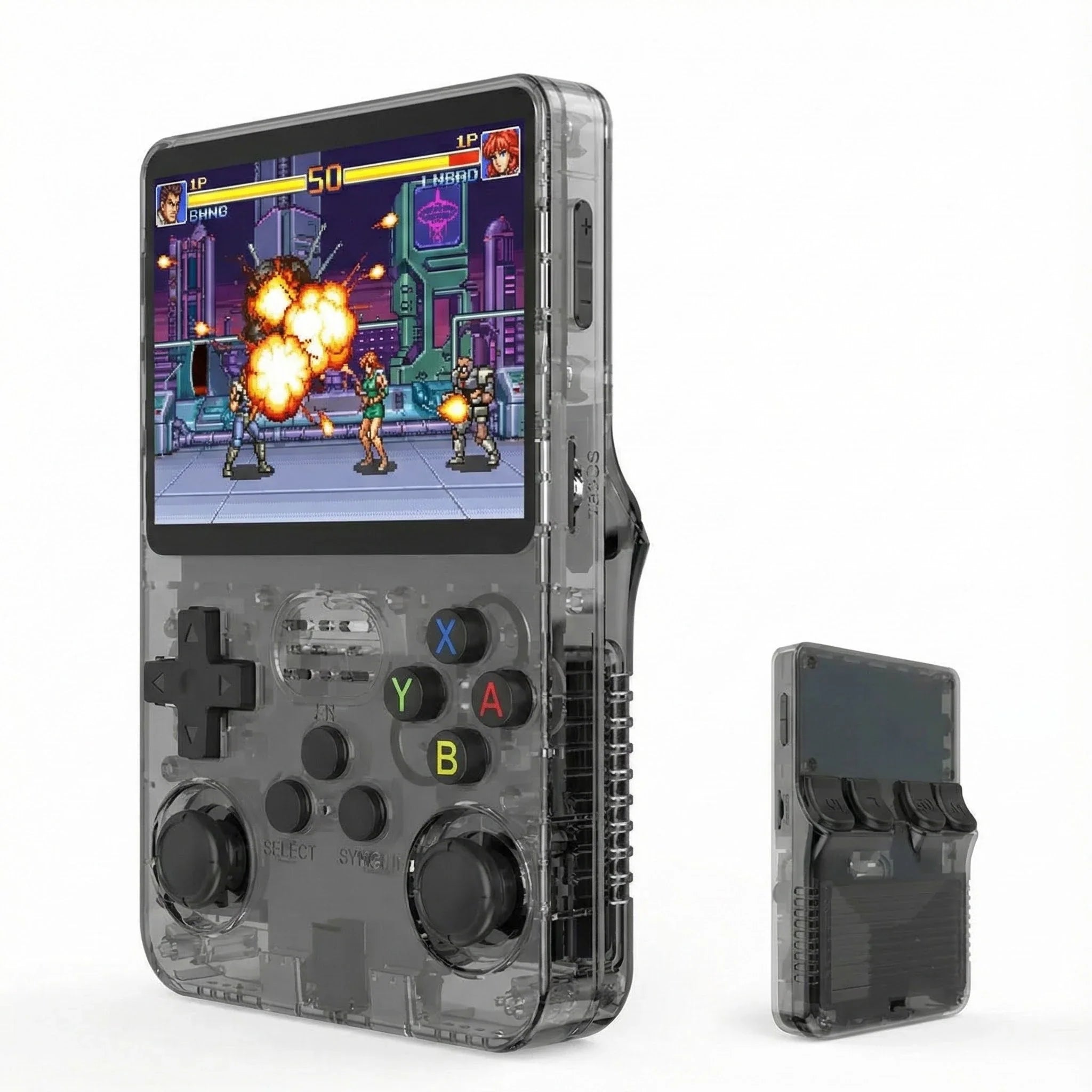 R36S tragbare Retro-Handheld-Spielekonsole in transparentem Grau mit IPS-Display und Dual-Joysticks