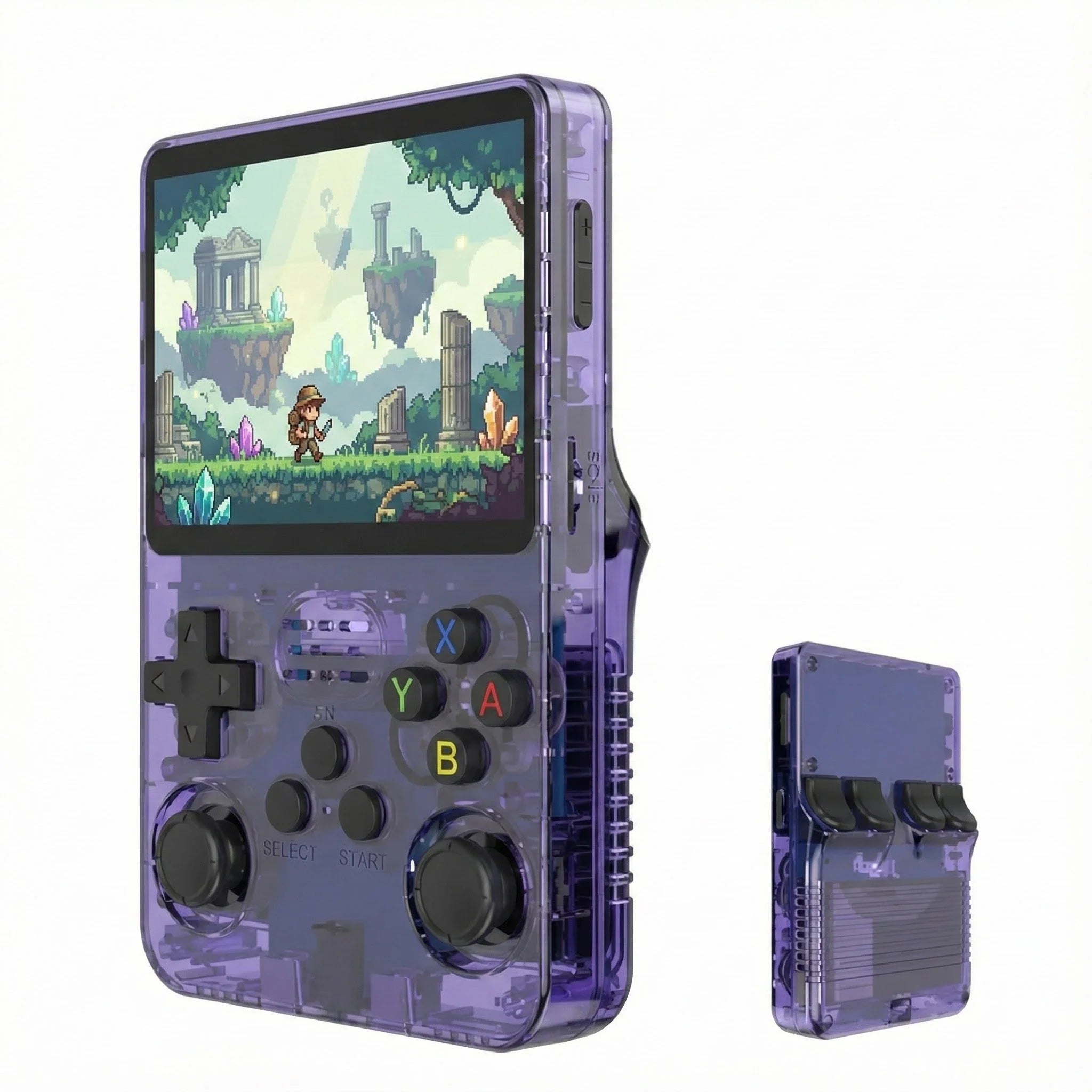 R36S tragbare Retro-Handheld-Spielekonsole in transparentem Lila mit IPS-Display und Dual-Joysticks