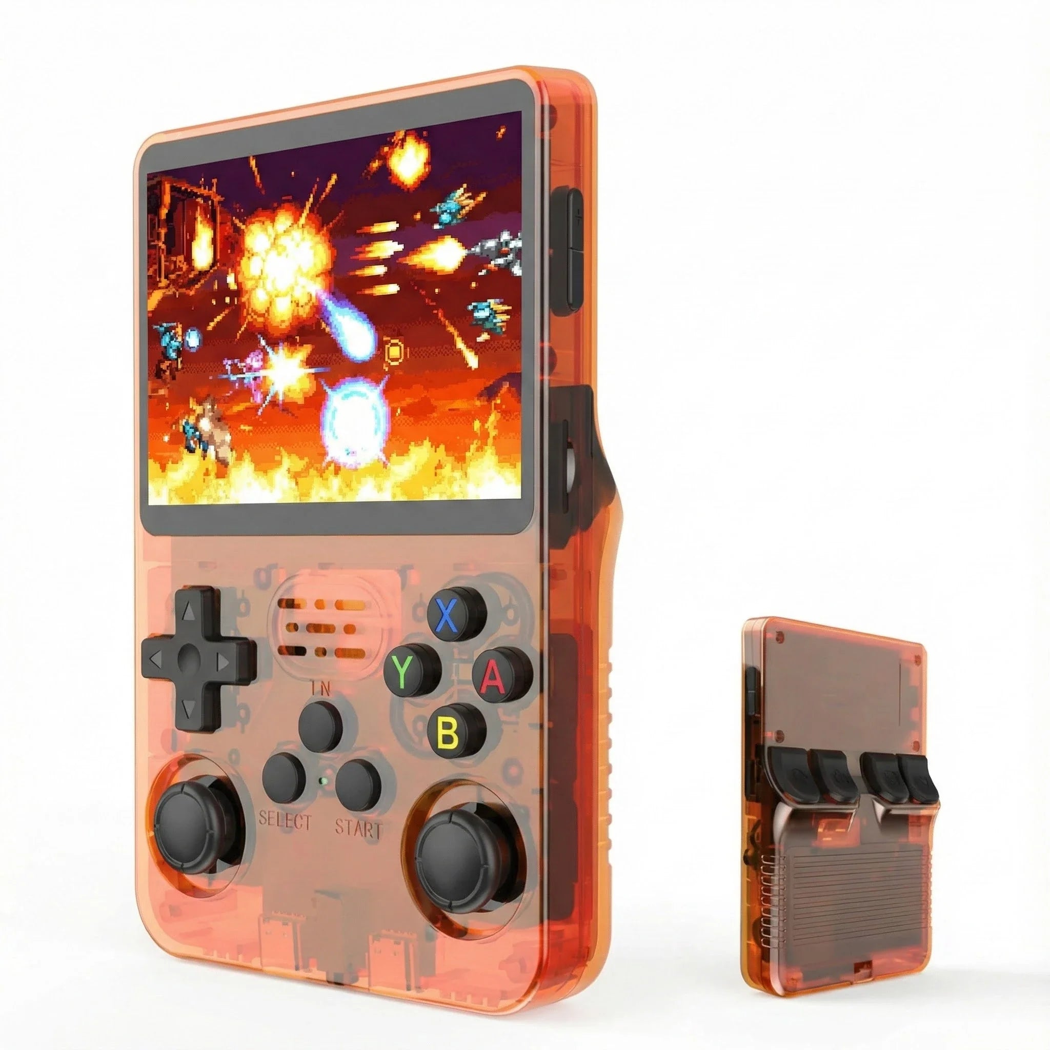 R36S tragbare Retro-Handheld-Spielekonsole in transparentem Orange mit IPS-Display und Dual-Joysticks