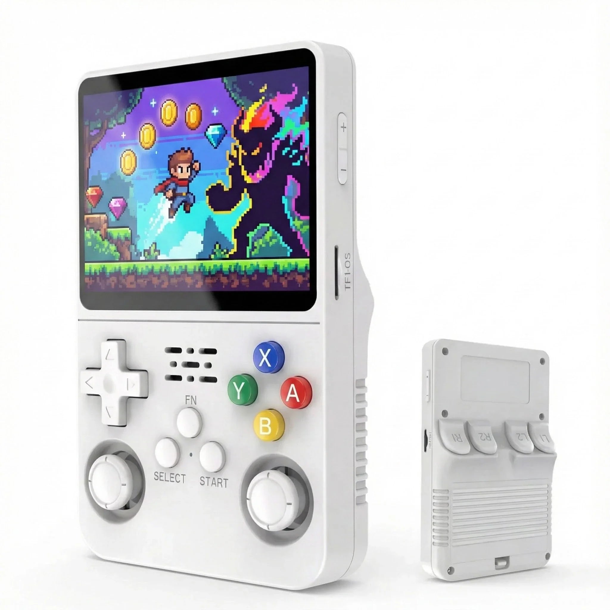 R36S tragbare Retro-Spielekonsole in Weiß mit IPS-Display und klassischem Gamepad-Design
